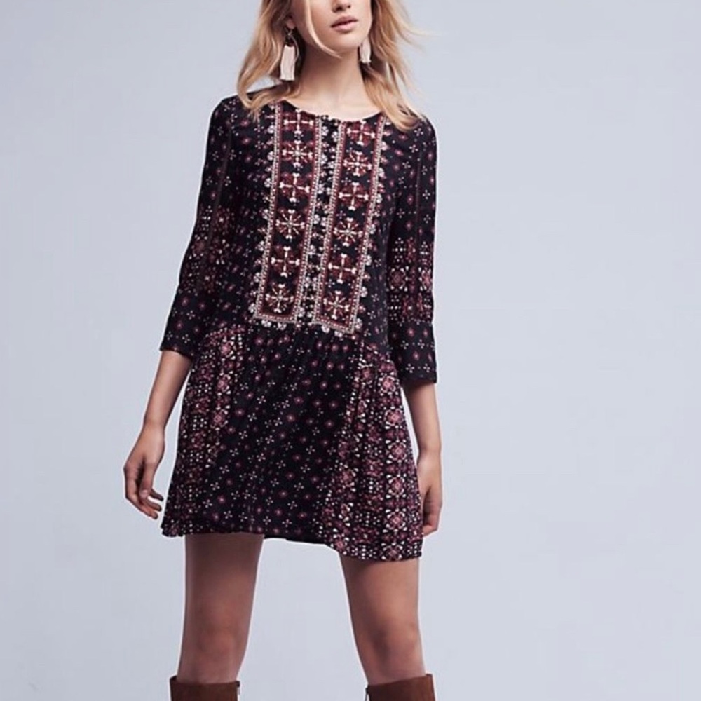 Anthropologie Black and Pink Embroidered Dress